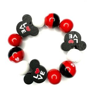 Wood Mouse Ears Valentines Day Bracelet Love Red White Black Beaded Stretchy